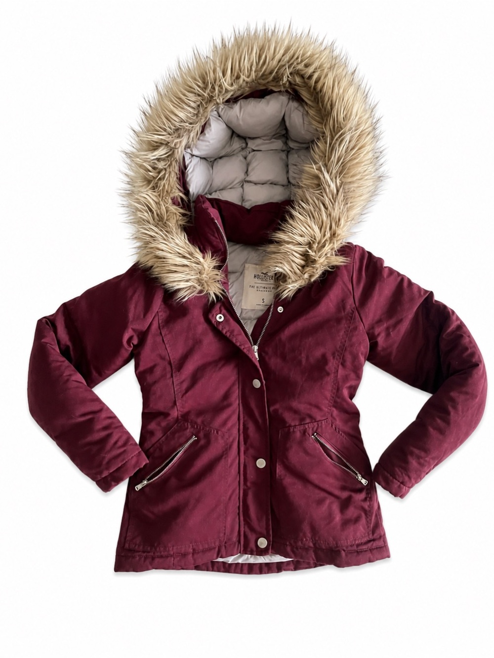 Hollister All Weather Parka Puffer Faux Fur Hood Trim Burgundy Coat Jacket